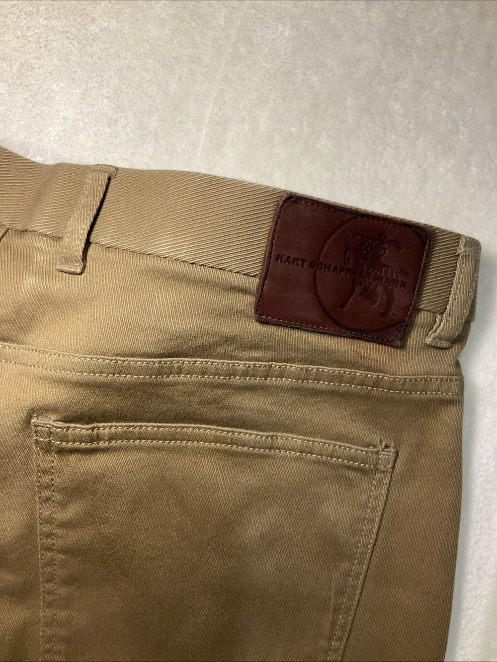 Hart Schaffner Marx Tan Pants with Brown Leather Patch